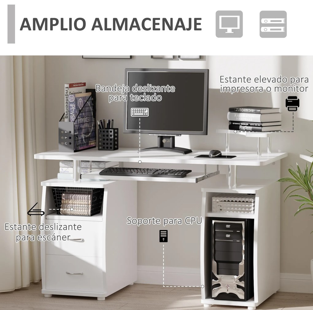 HOMCOM Secretária para computador Mesa para PC com prateleiras múltiplas Bandeja de teclado Suporte para CPU e 2 gavetas 120x55x85 cm branco