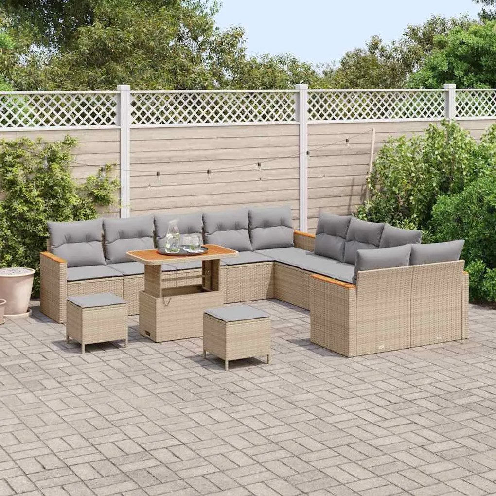 Conjunto de Sofá de Jardim vidaXL com 13 Peças e Almofadas Bege Rattan