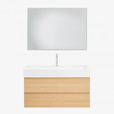 Conjunto De Móvel De Casa De Banho Em Madeira E Chapa De Freixo Com Lavatório Integrado Ona Madeira Natural & Led Retangular - Sklum