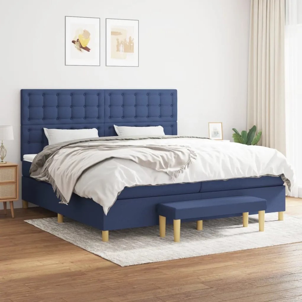 vidaXL Cama com molas/colchão 200x200 cm tecido azul