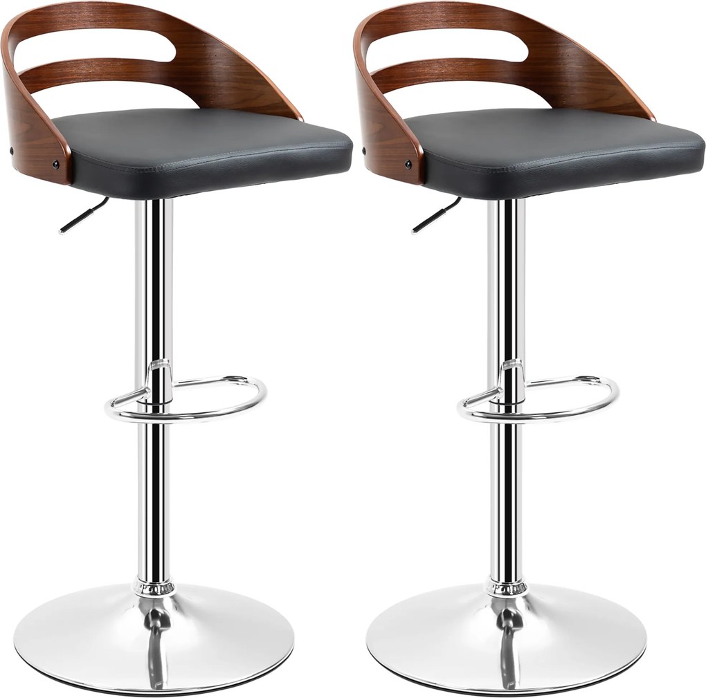 Conjunto de 2 bancos de bar, assento ajustável em altura, giratórios a 360°, revestimento sintético preto, encosto perfurado com efeito de madeira