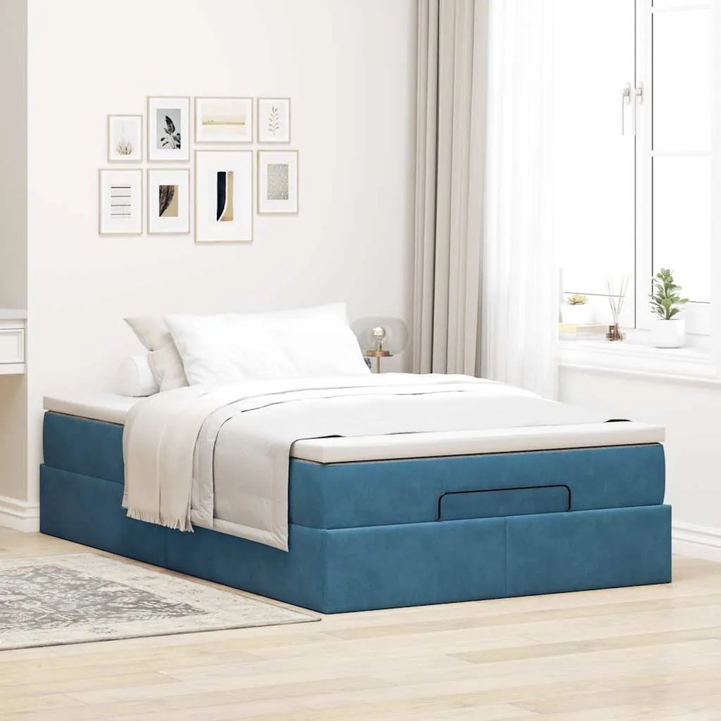 Cama otomana com colchão 120x190 cm veludo azul-escuro
