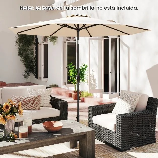 Guarda-sol de jardim 303 cm  com manivela, inclinação com botão, 8 varas, toldo duplo, impermeável e protetor solar Bege