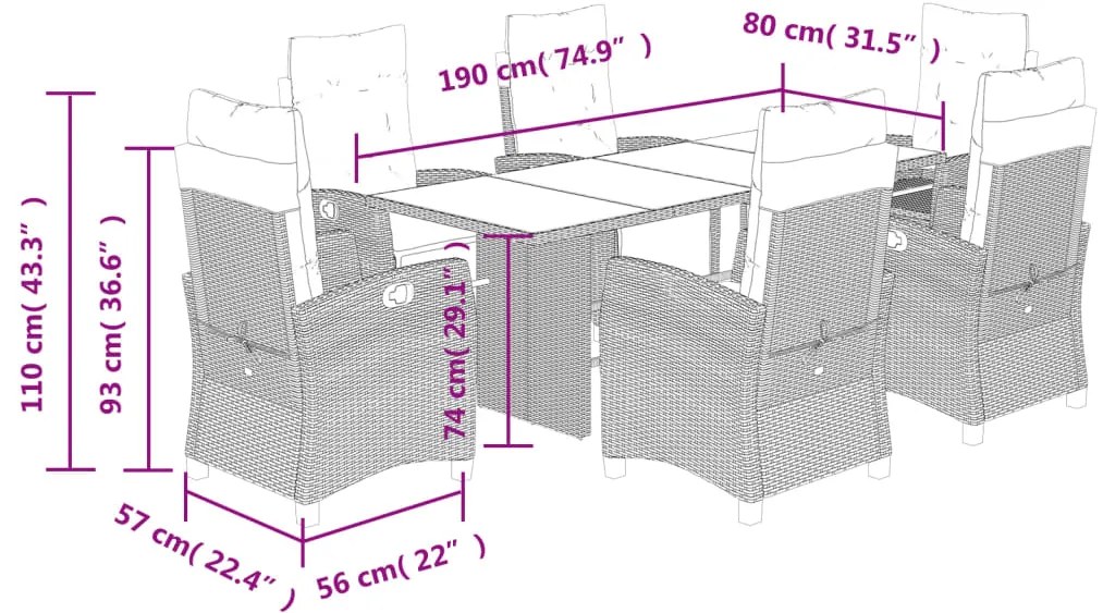 7 pcs conj. jantar p/ jardim c/ almofadões vime PE cinza-claro