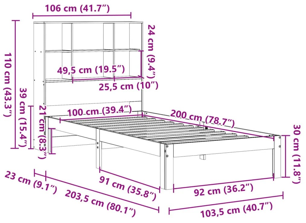 Cama com estante sem colchão 100x200 cm pinho maciço branco