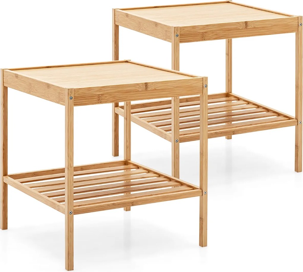 Conjunto de 2 mesas de cabeceira de bambu Mesa de apoio de 2 níveis com Estante compacta para sala de estar Quarto 40 x 40 x 45 cm Natural