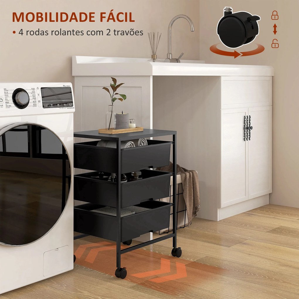 Carrinho Auxiliar com Rodas Carrinho de Cozinha de 3 Níveis com 3 Cest