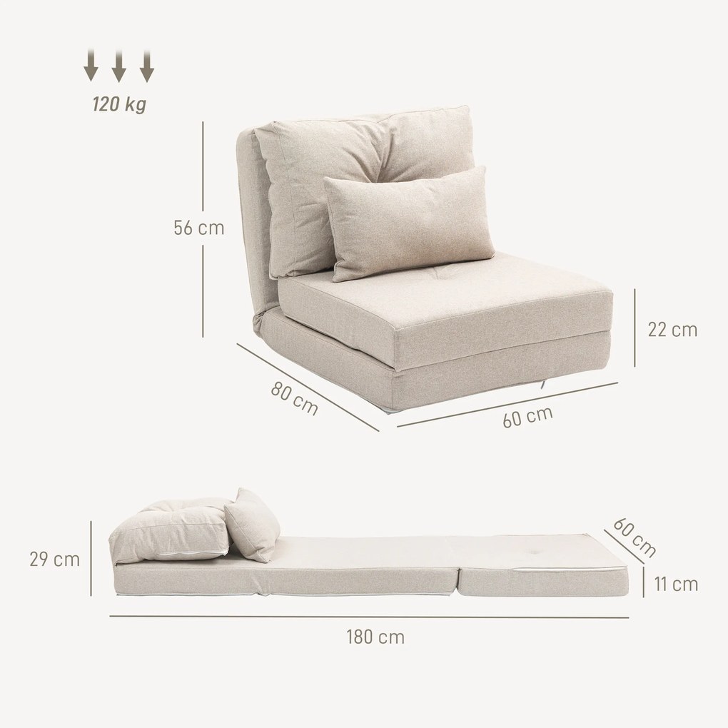 Poltrona-sofá-cama convertível de 1 lugar com 1 almofada e encosto ajustável, bege