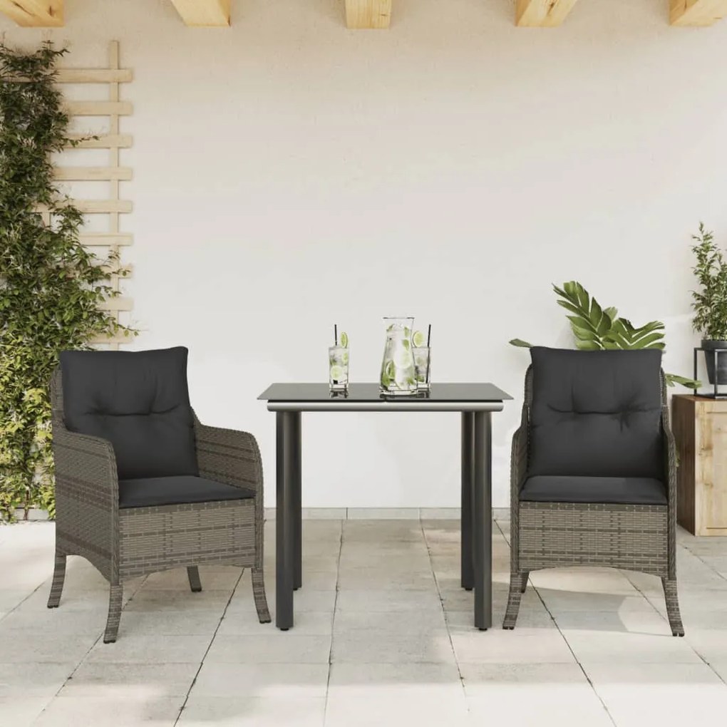 3 pcs conjunto de jantar p/ jardim c/ almofadões vime PE cinza