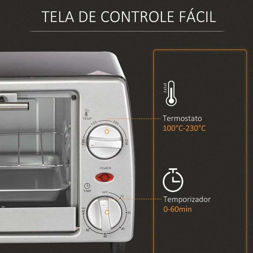 Mini Forno Elétrico de 10 Litros 750W com Temperatura até 230 °C Temporizador 60 Minutos Bandeja e Grade 36,5x26x22cm Preto e Prata