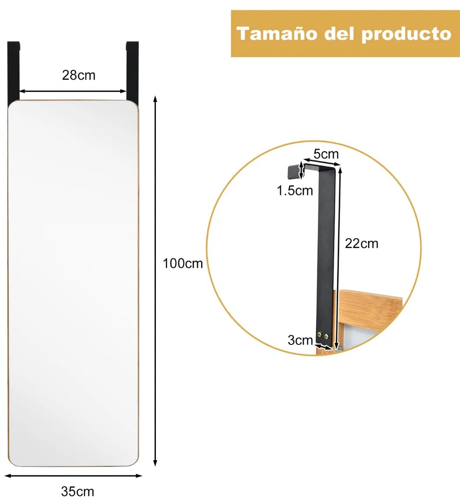 Espelho de corpo inteiro montado na parede em bambu com 2 ganchos para corredor, sala, quarto 100 x 35 cm Natural