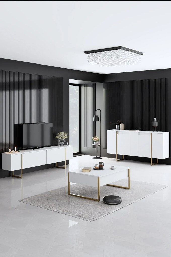 Aparador "Madrid" com 4 Portas - Branco e Dourado - 160x80x35 cm - Des