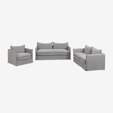 Conjunto De Sala De Estar Com Sofá De 2 Lugares, Sofá De 3 Lugares E Poltrona Em Linho E Algodão Grace Tecido Cinzento Escuro - Sklum