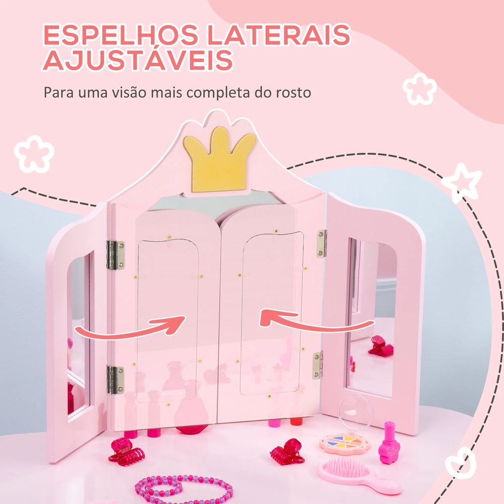 Toucador Infantil de Madeira com Banco e Espelho Dobrável Mesa de Maquilhagem para Crianças de 3-6 Anos com Gaveta Estilo Princesa 79x48x103cm Rosa