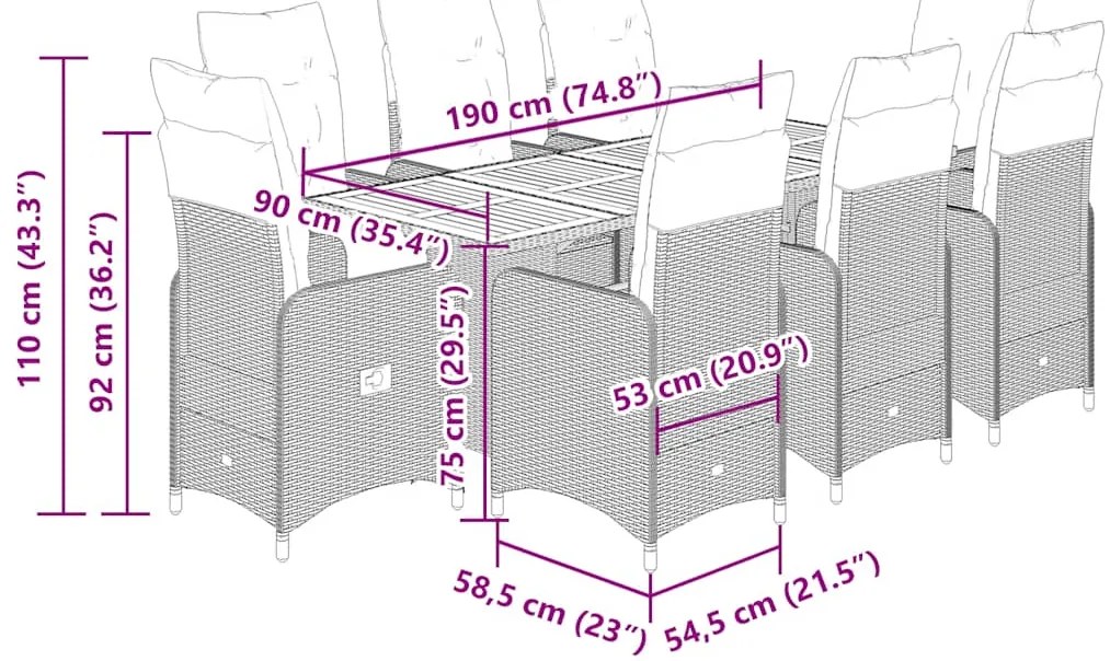 9 pcs conjunto bistrô de jardim c/ almofadões vime PE cinzento