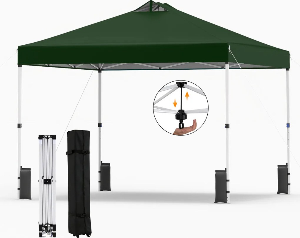 Tenda dobrável 3x3 m com 4 x Sacos de areia de montagem instantânea com 1 botão campismo, feiras, eventos e Saco com rodas Verde