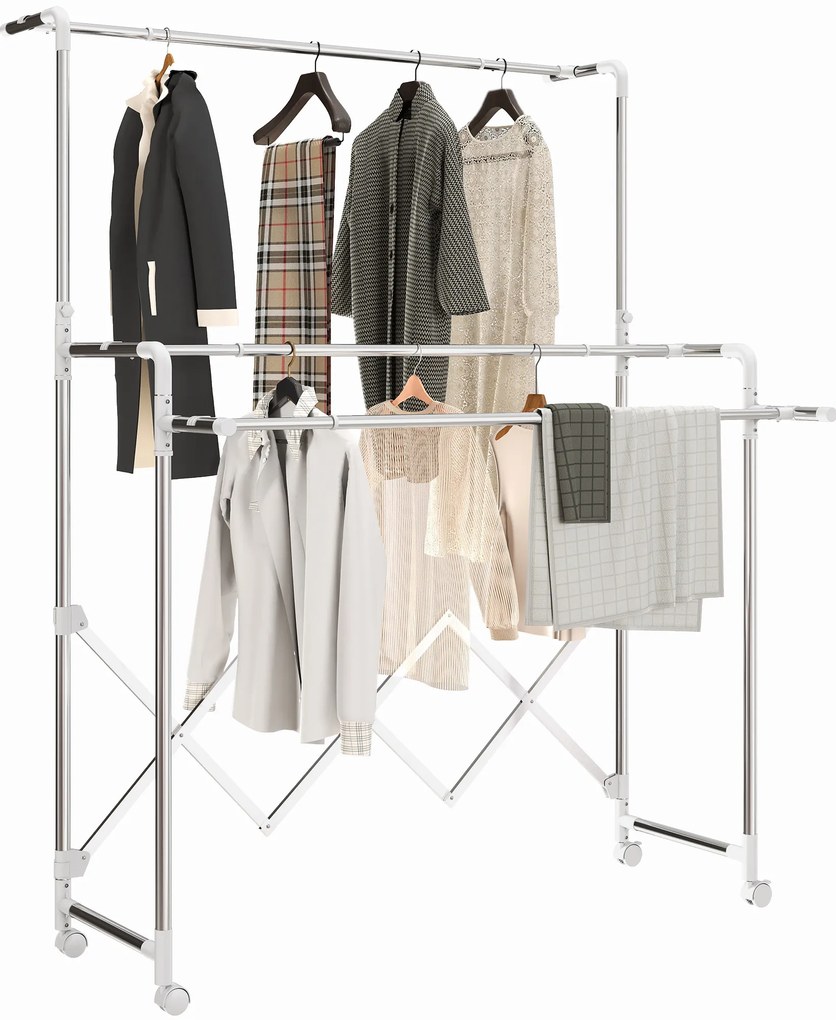 Estendal Vertical Dobrável de 3 Níveis Estendal de Aço Inoxidável com 3 Barras Ajustáveis e Extensíveis 4 Rodas 104-150x103x145-197 cm Prateado