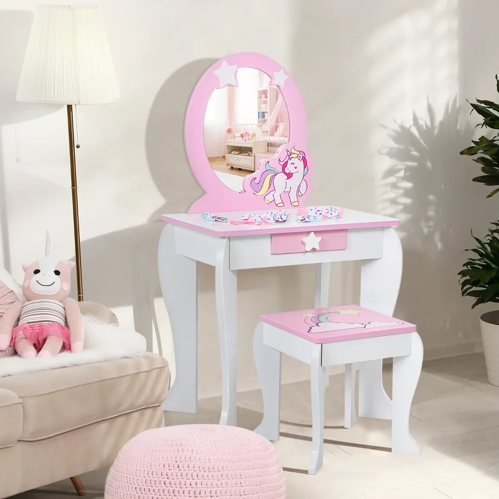 Conjunto Toucador e Banco infantil Mesa de Maquilhagem para Princesas com  Espelho Rotativo 360° Removível 3 Gavetas Branco e Rosa