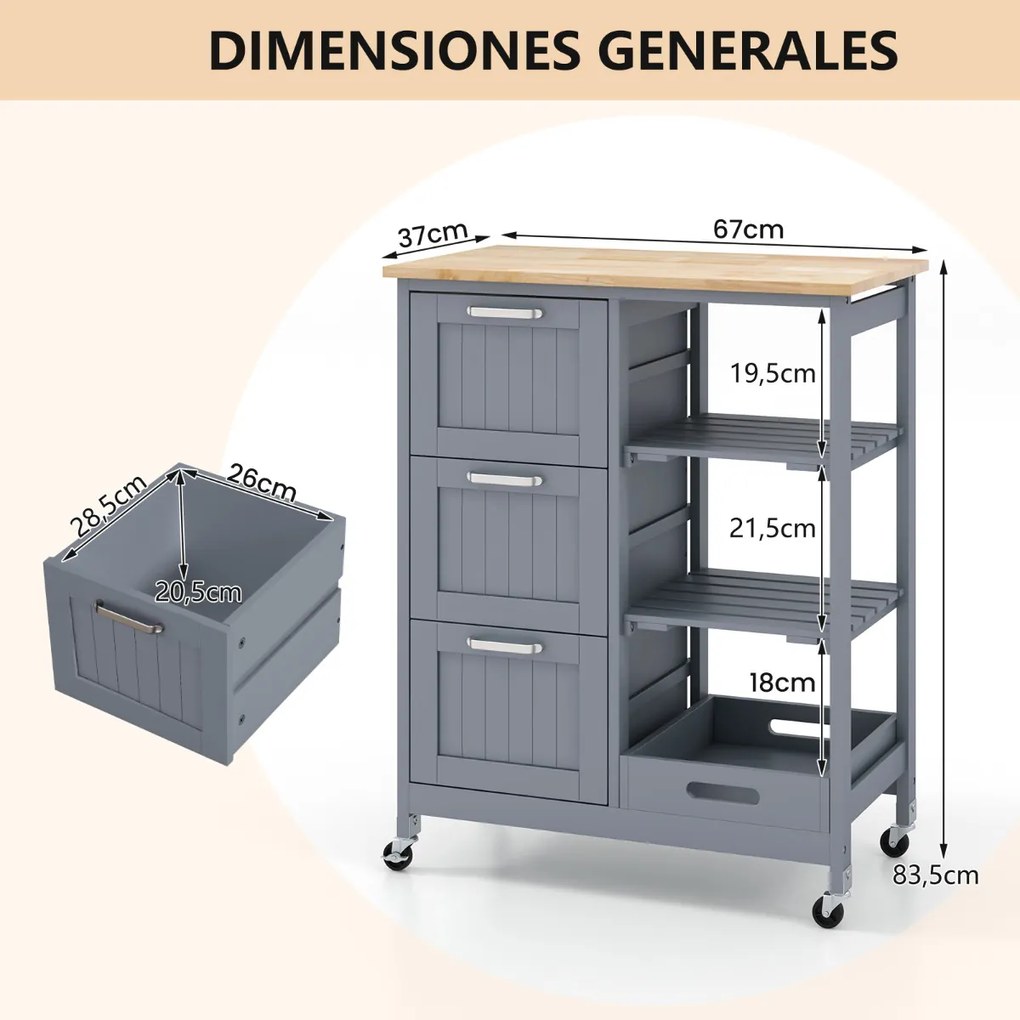 Carrinho de cozinha com tampo de madeira, 3 gavetas de armazenamento, 2 prateleiras removíveis e bandeja 67 x 37 x 83,5 cm Cinzento