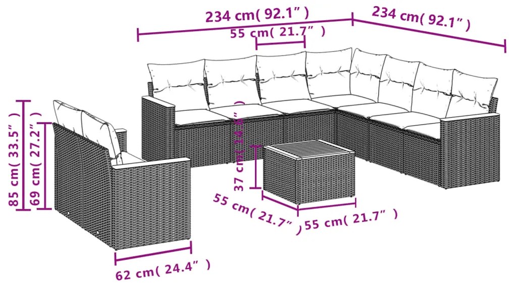 10 pcs conjunto sofás de jardim c/ almofadões vime PE preto