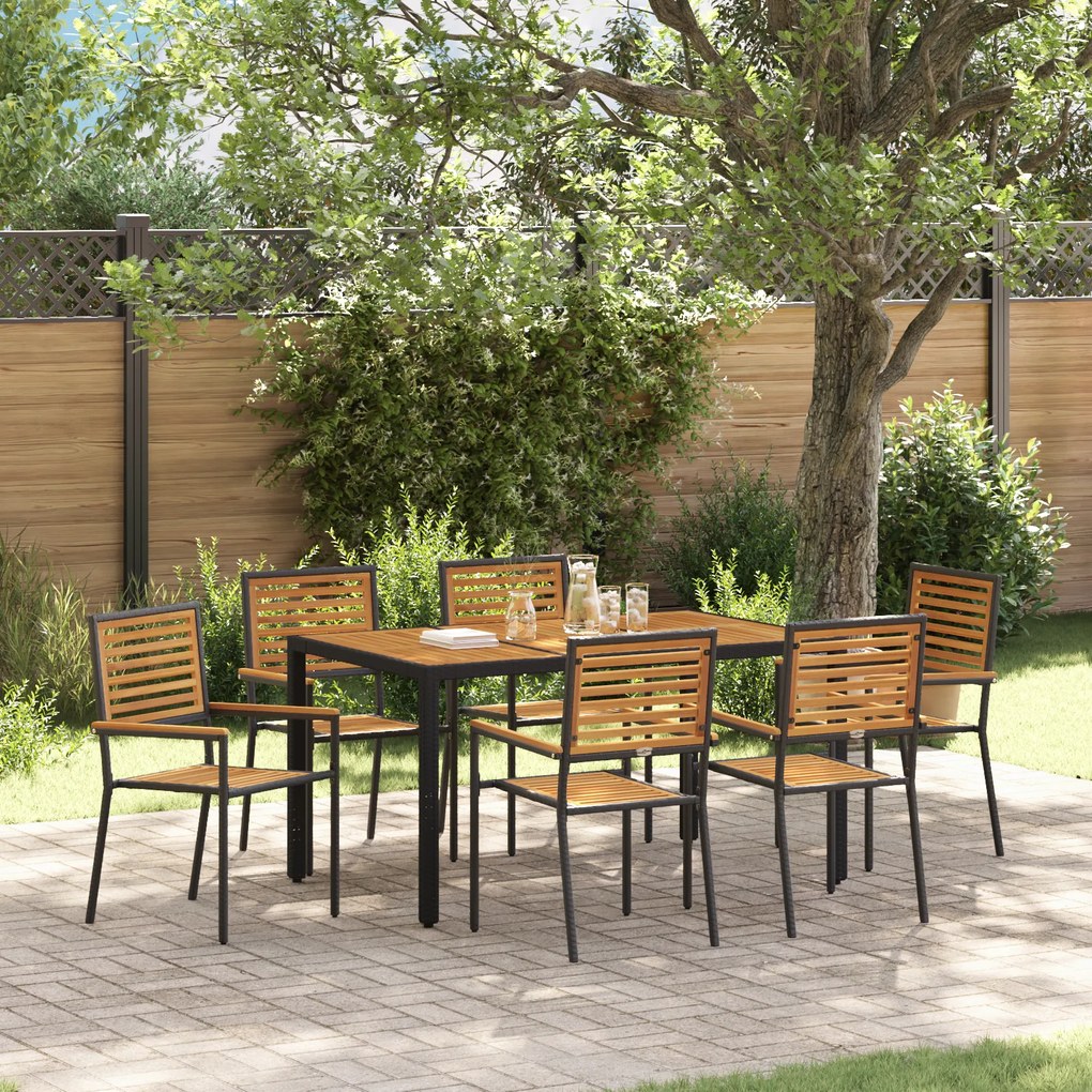 Conjunto de Jantar vidaXL 7 Peças Rattan Poliéster Preto Acácia