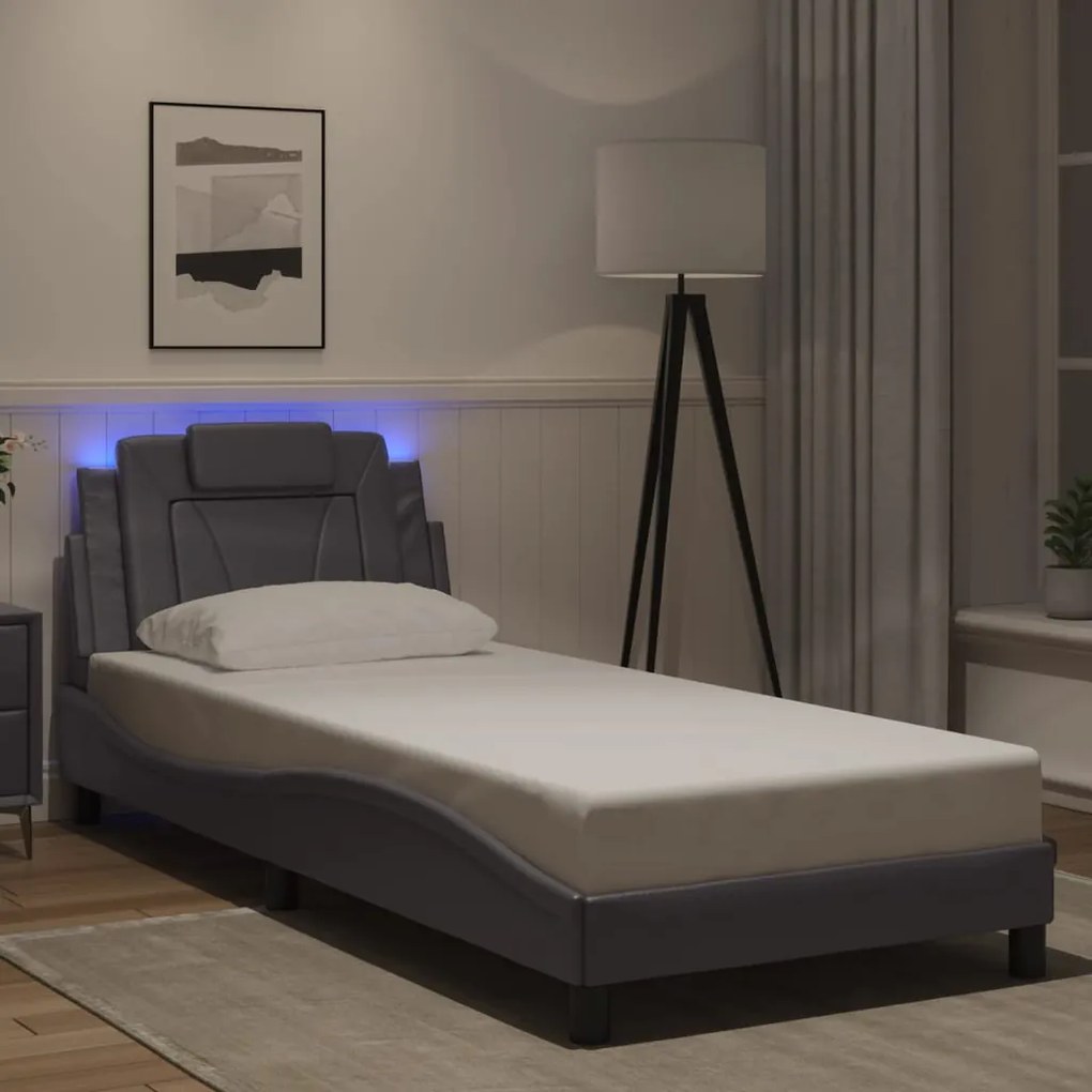 vidaXL Estrutura cama c/ luzes LED 90x190 cm couro artificial cinzento