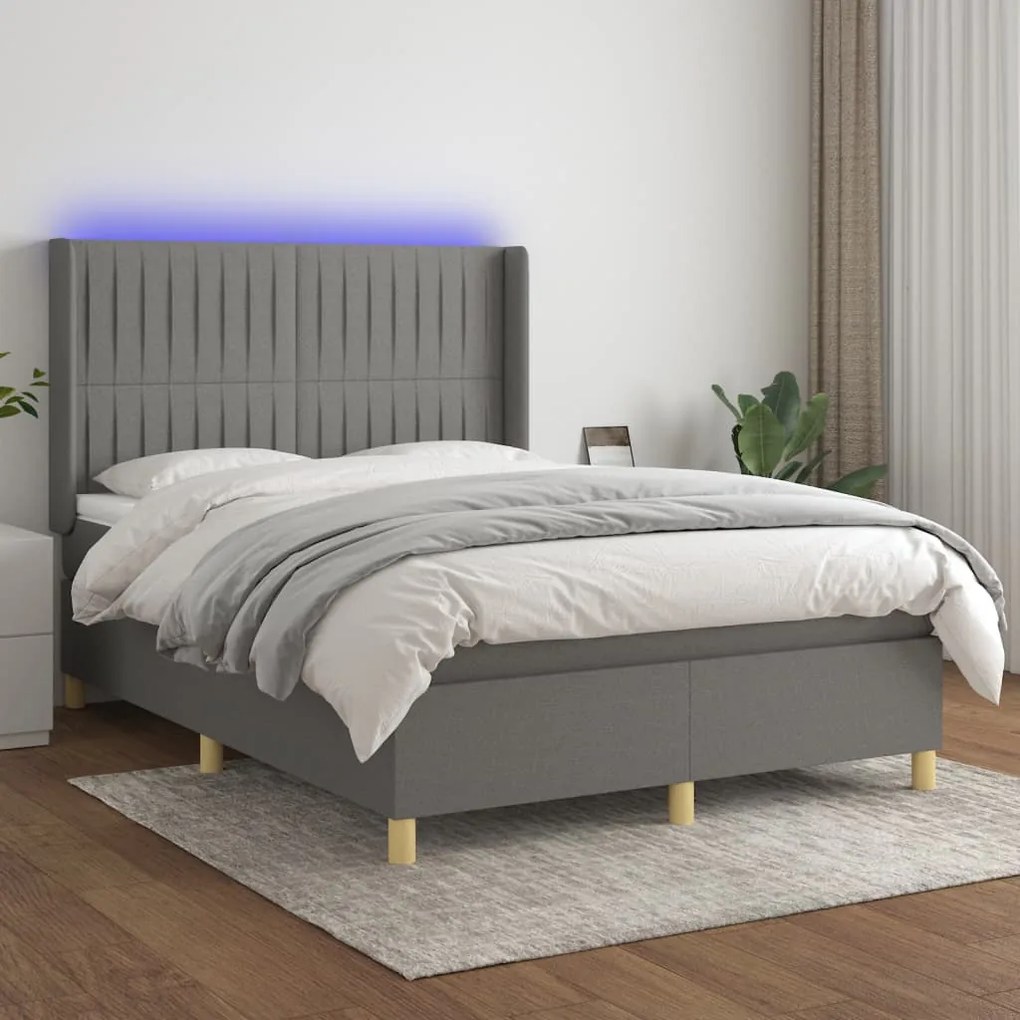Cama box spring c/ colchão e LED 140x200 cm tecido cinza-escuro