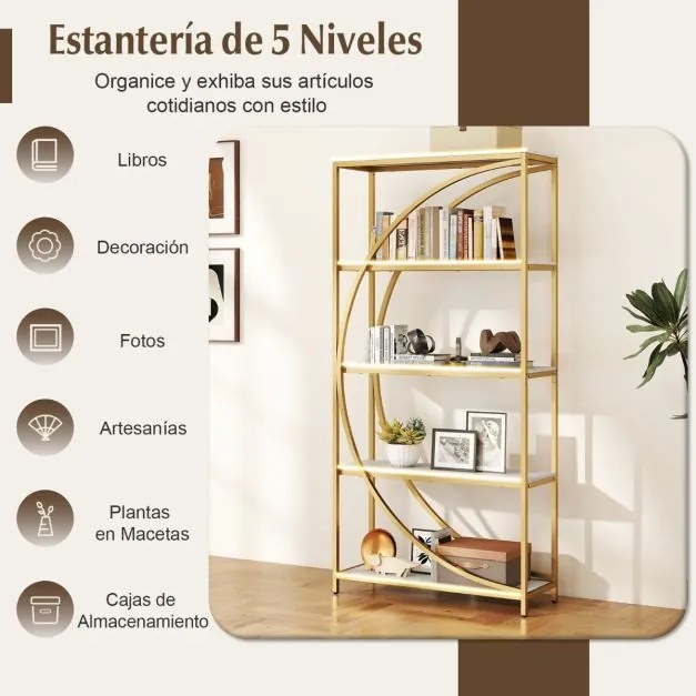 Estante de 5 níveis 86 x 30 x 175 cm com prateleiras de armazenamento abertas branco e Dourada