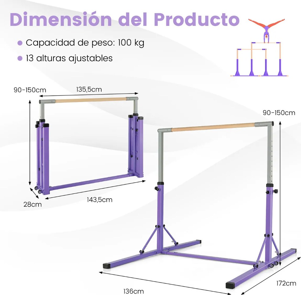 Barra de ginástica infantil dobrável com 13 alturas ajustáveis Estrutura triangular para ginásio em casa Carga 100 kg Roxo