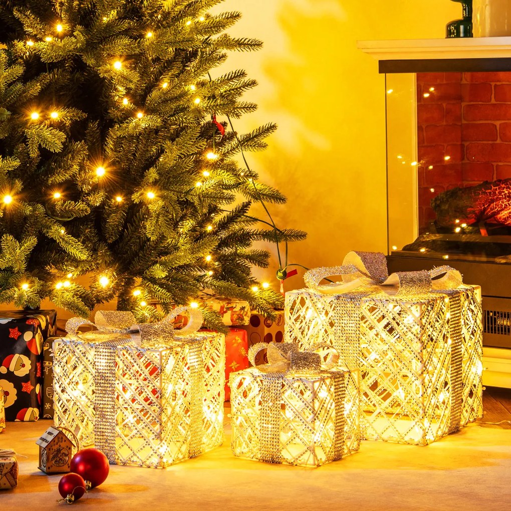 Caixas de Presentes LED Natal Conjunto de 3 Peças com Laços para Interior e Exterior Resistentes às Intempéries