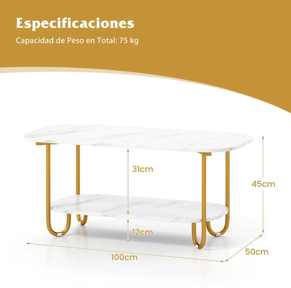 Mesa de centro retangular 100 x 50 x 45 cm com tampo de mármore artificial de 2 níveis com estrutura metálica Branco e dourada