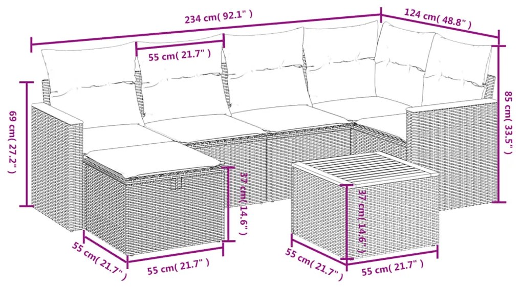 7 pcs conjunto de sofás p/ jardim c/ almofadões vime PE preto