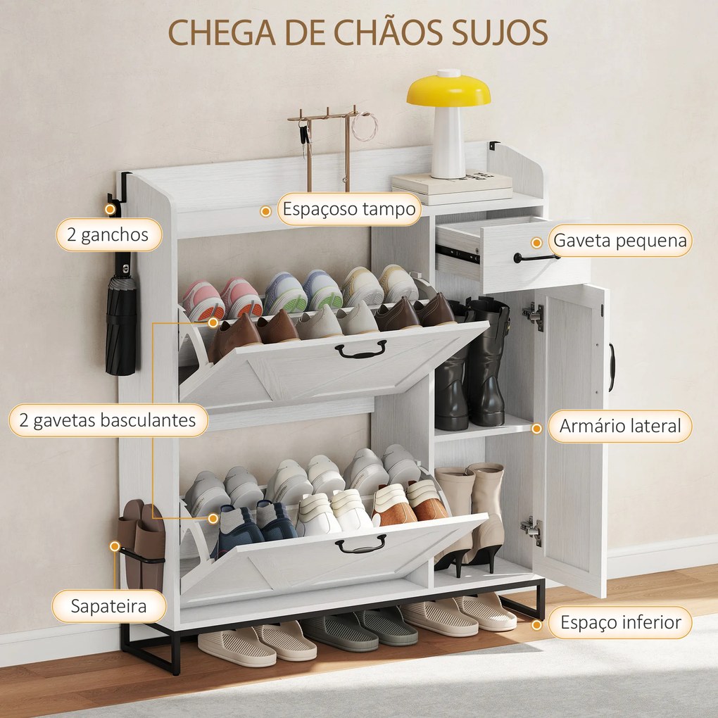 Sapateira Estreito com 2 Compartimentos Rebatíveis Prateleiras Ajustáveis para 12 Pares para Espaços Pequenos 106,7x26x116cm Branco