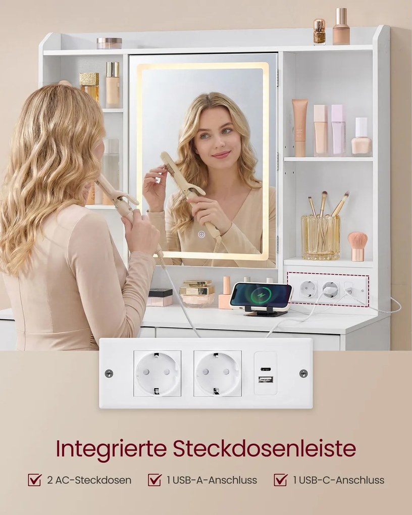 Toucador com espelho LED (BANCO NÃO INCLUIDO) regulável, 2 gavetas 40 x 90 x 145 cm Coleção Kailyn, branca