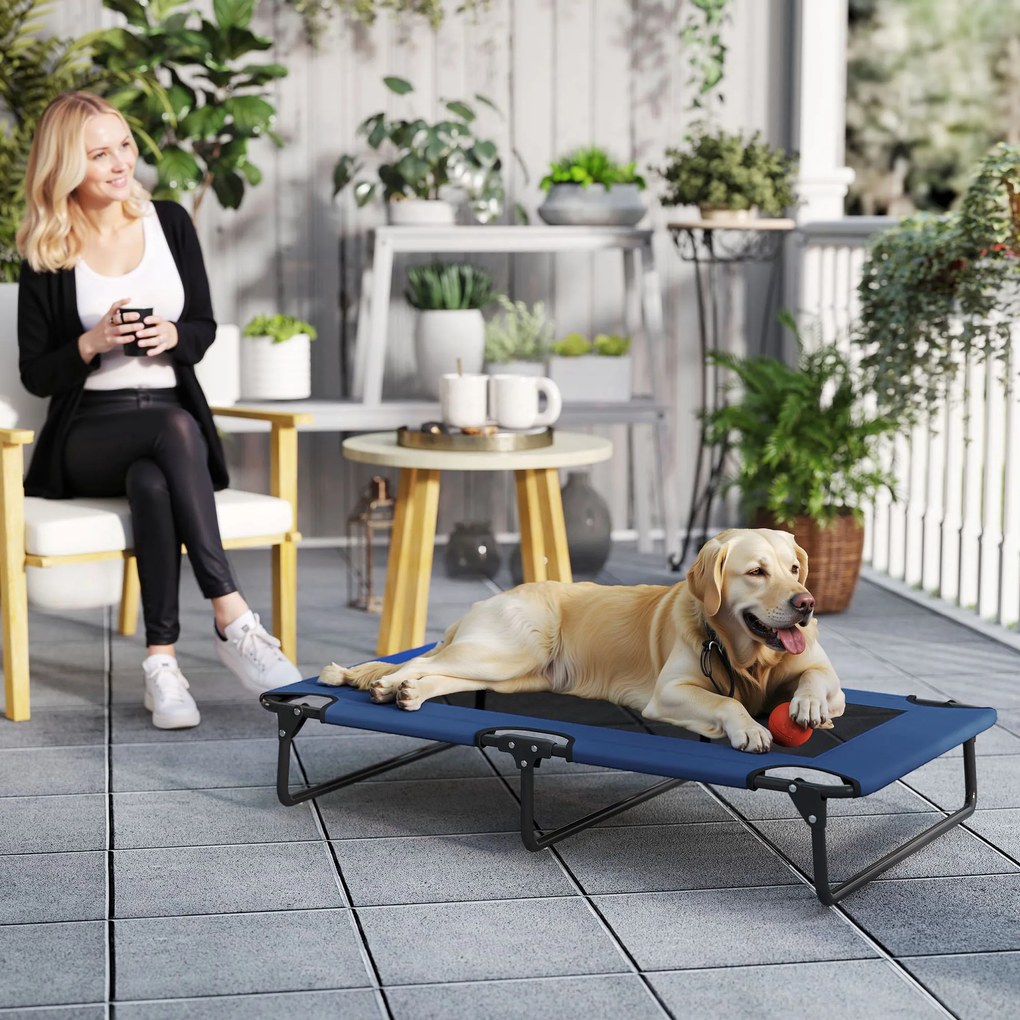 Cama elevada dobrável e refrescante para cães 107 x 61 x 20 cm, cama de campanha para animais em malha respirável, azul escuro