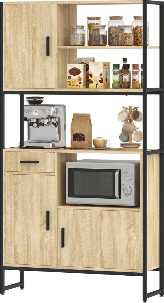 Armário de Cozinha Alto, 90 x 30 x 170 cm, 3 Portas com Fecho Suave, cor Natural