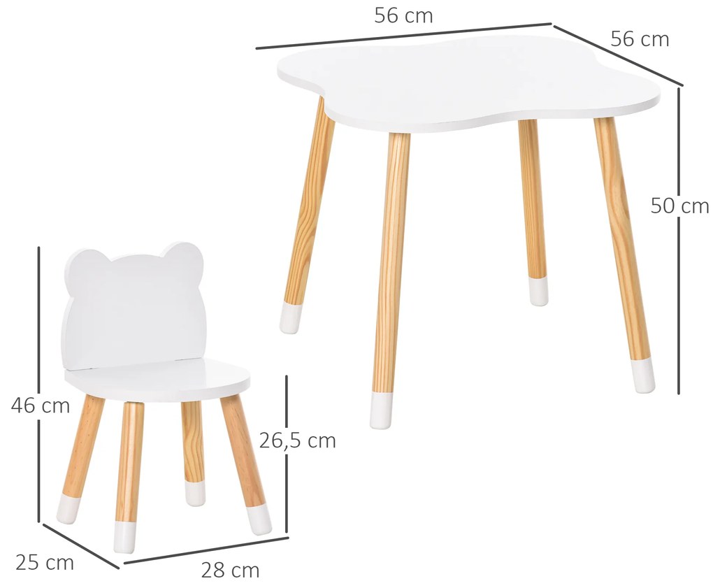 Conjunto Infantil de Mesa e 2 Cadeiras de Madeira Móveis Infantil para Sala de Jogos Dormitório de Crianças Mesa 56x56x50cm e Cadeira 28x25x46cm Branc