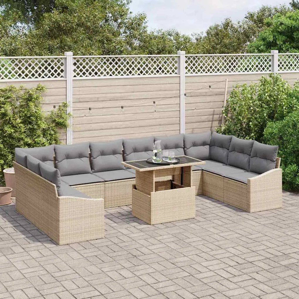 Conjunto de Sofá de Jardim com 11 Peças e Almofadas Bege em Polyrattan