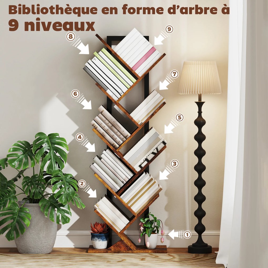 Estante em forma de árvore com 9 níveis 50 x 24 x 136 cm, móvel de arrumação industrial com estrutura em aço, castanho rústico