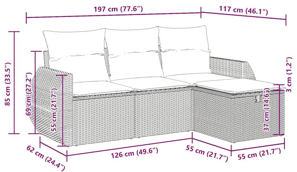 4 pcs conjunto de sofás para jardim c/ almofadões vime PE bege