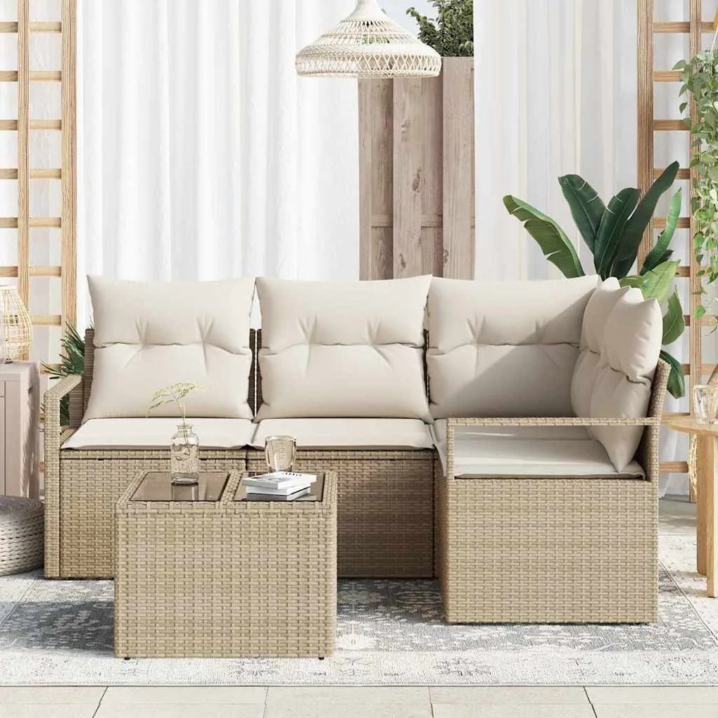 Conjunto de Sofá de Jardim de 5 Peças com Almofadas Marrons em Rattan