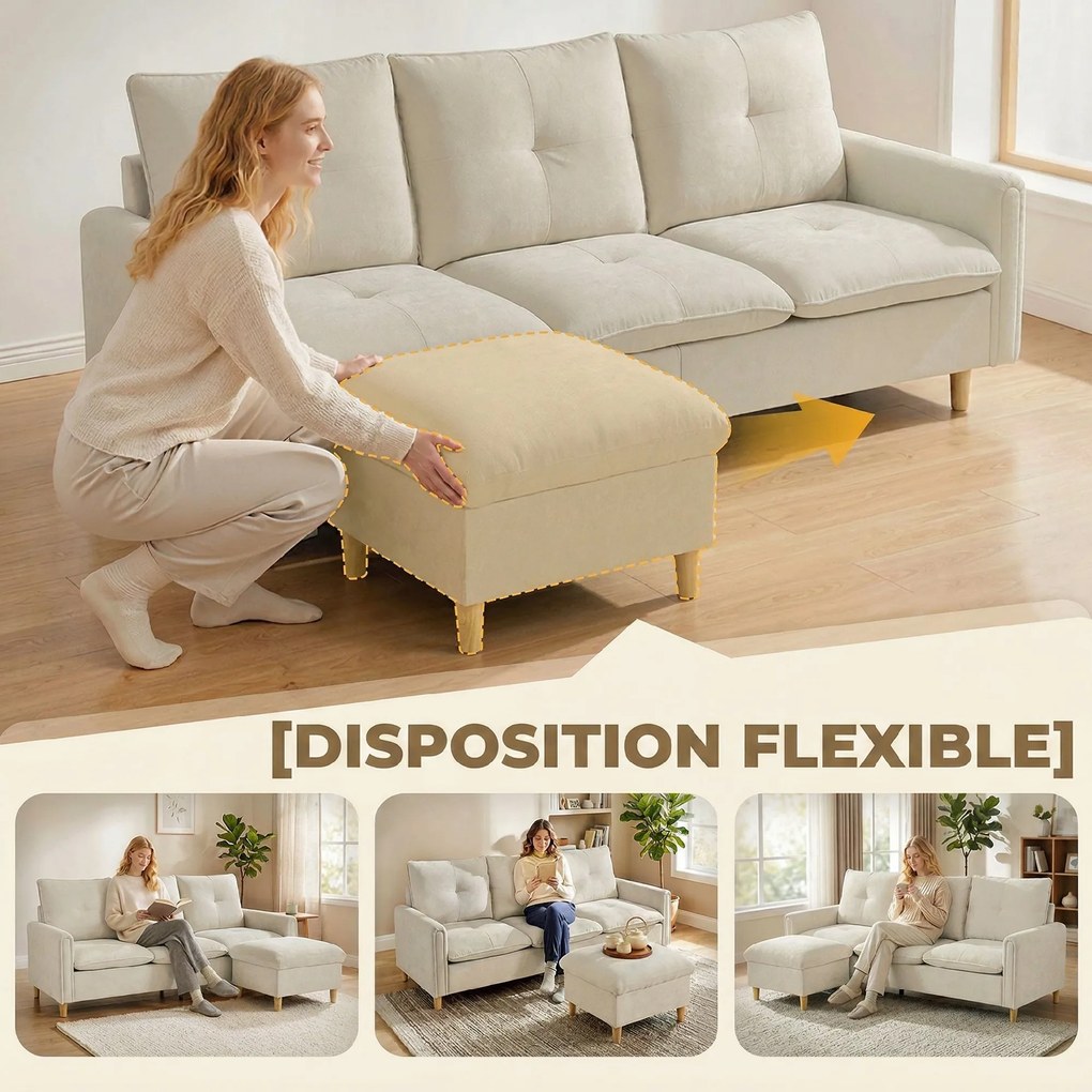Sofá de 3 Lugares Modular, 210 x 77 x 80 cm, Pufe de Arrumação Flexível, Creme