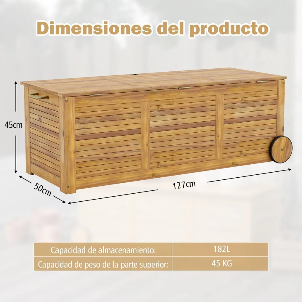 Caixa de arrumação em madeira de acácia, 182 l de capacidade, 2 rodas de altura, bolsa interna resistente à água, organizador para pátio de jardim Cas