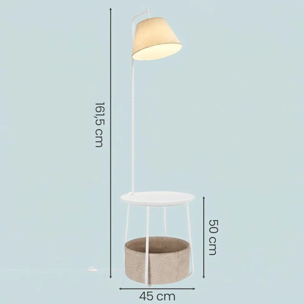 Mesa de cabeçeira com candeeiro de pé LED, prateleira e cesto de tecido, estrutura em aço, branca
