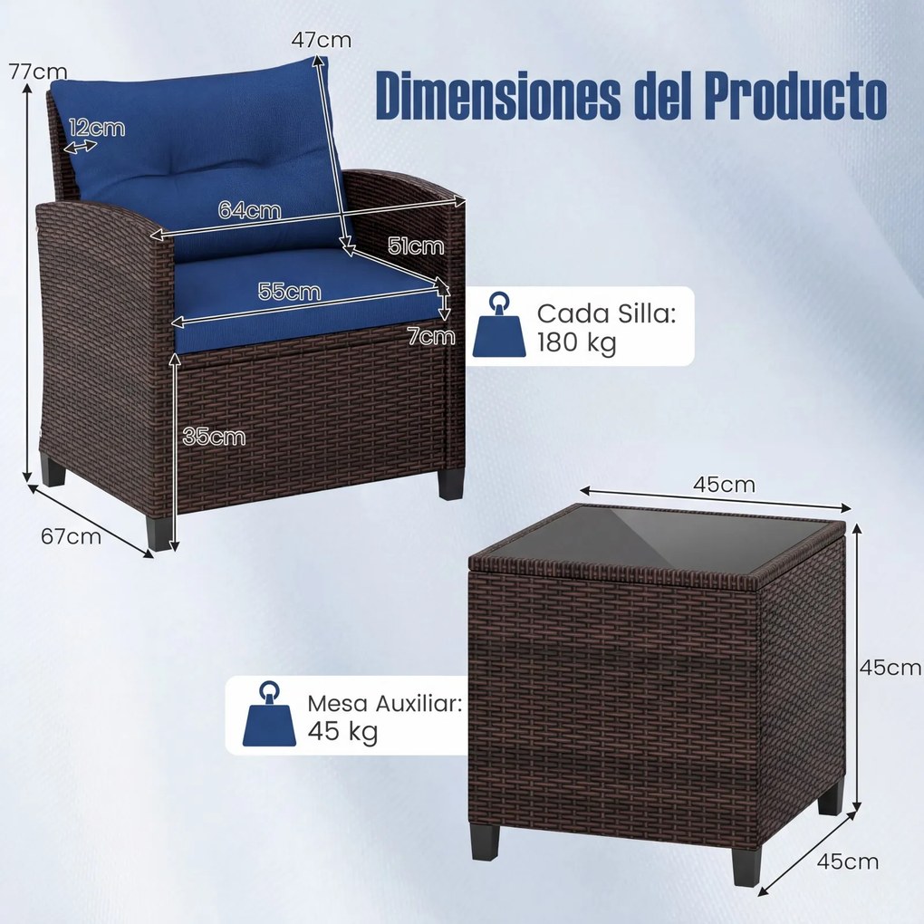 Conjunto jardim de 3 peças: cadeiras de rattan e mesa com tampo de vidro temperado. Mobiliário de exterior em vime para pátio, Castanho com almofadas