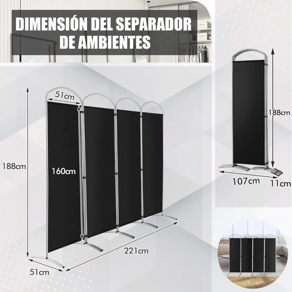 Biombo dobrável de 4 painéis Biombo dobrável para quarto Escritório Sala de estar 221 x 51 x 188 cm Preto