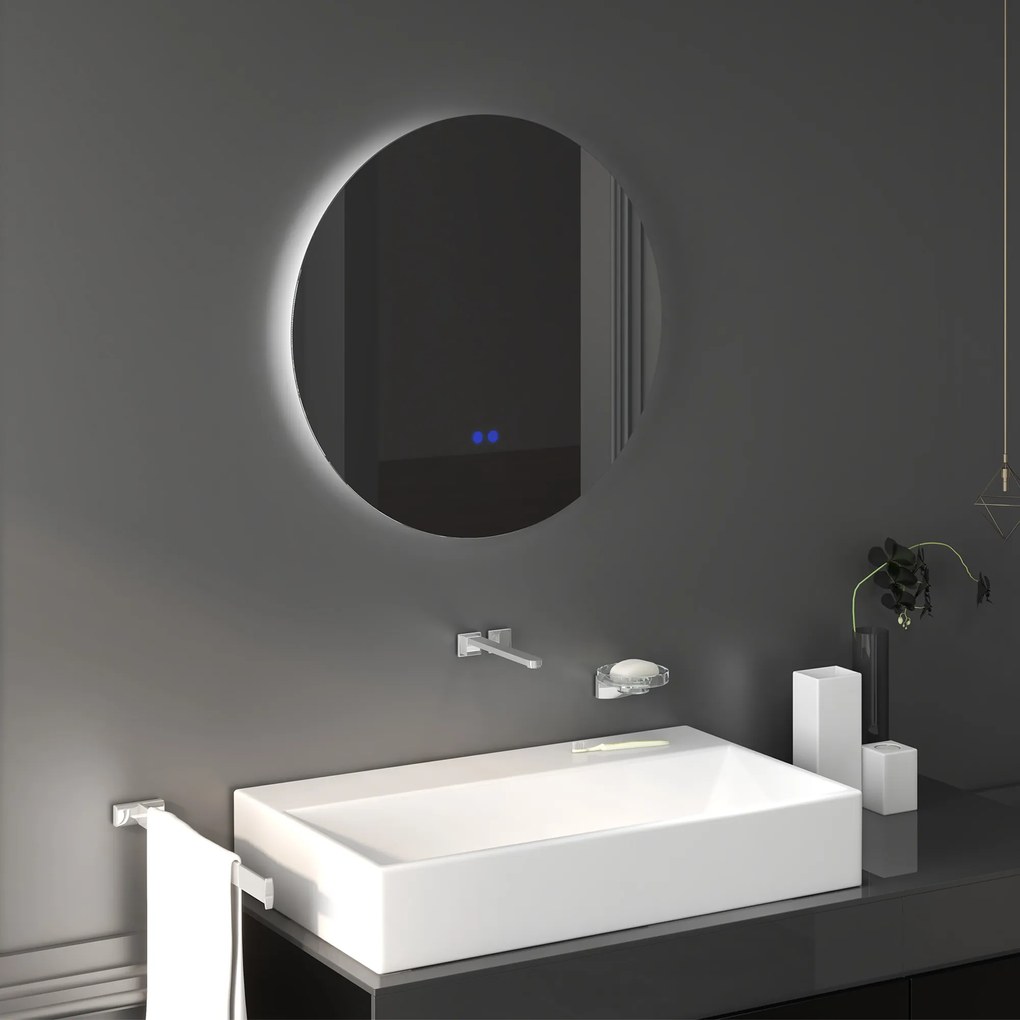 Espelho redondo de casa de banho com iluminação LED, Ø 60 cm, de parede, com interruptor tátil e sistema antiembaciamento, 29 W, cinzento