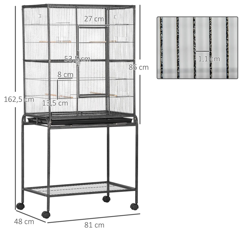 Gaiola para Pássaros com Rodas 81x48x162,5 cm com Bandeja 4 Poleiros 4 Comedouros e Prateleira Preto e Cinza