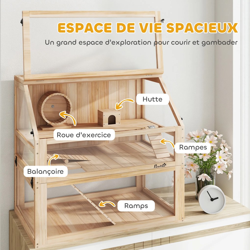 Gaiola para hamsters e roedores com 3 níveis, fundo removível 80 x 50 x 76 cm, casinha e Baloiço, 80x50x76 cm, acabamento em madeira natural