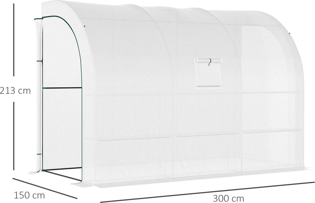 Estufa de jardim encostada com prateleiras de 3 níveis, pequena estufa de varanda em lona de PE 140 g/m², 300 x 150 x 213 cm, branca